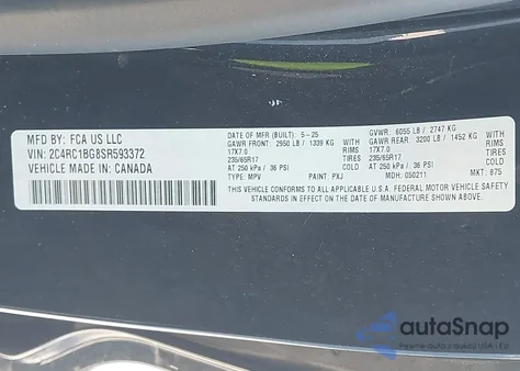 2025 Chrysler Pacifica Select из США, поврежденный, VIN 2C4RC1BG8SR593372